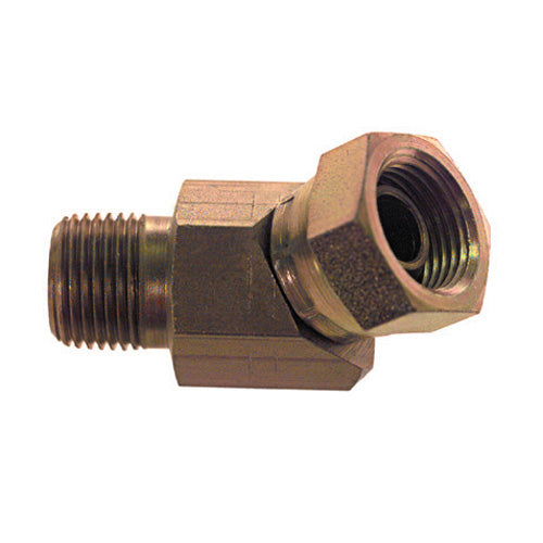1/2 Inch X 3/4 Inch 2200 Psi Zinc Plated Carbon Steel Female Pipe Swivel To Male Pipe 45 Degree Elbow Swivel Adapter