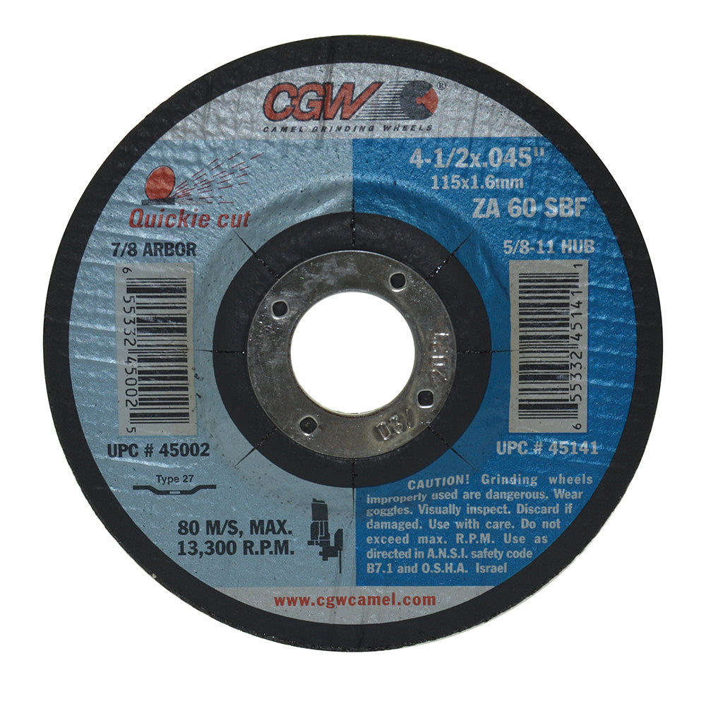 4-1/2 Inch x .045 Inch x 7/8 Inch ZA60-S-BF Quickie Cut� Thin Reinforced Cut-Off Wheels Type 27