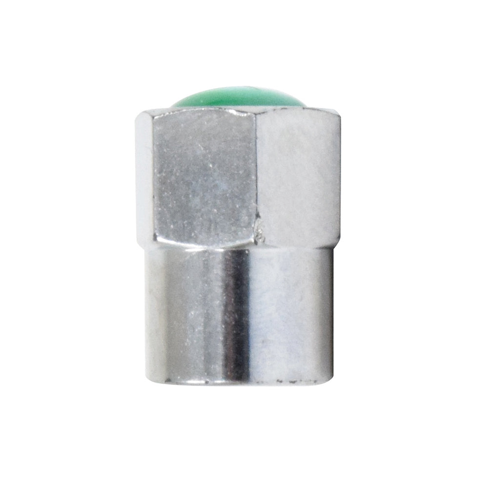 Tire Valve Stem Cap Chrome Plastic With Seal and Green Top For Nitrogen Filled Tires