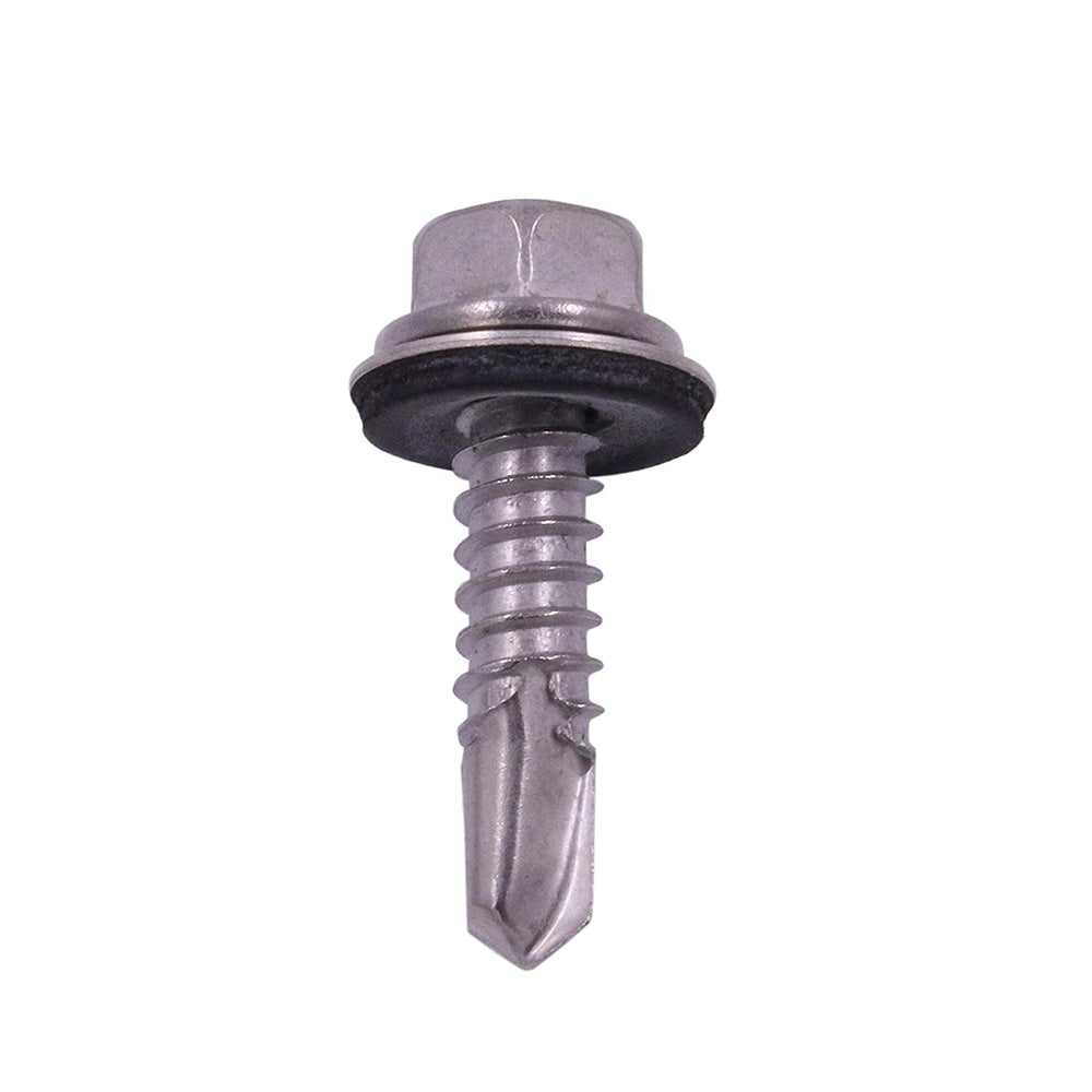 #12-14 x 1-1/2 Inch Stainless Steel #3 Point Indented Hex Washer Head Self-Drilling Tek Screw With Bonded Neoprene Washer