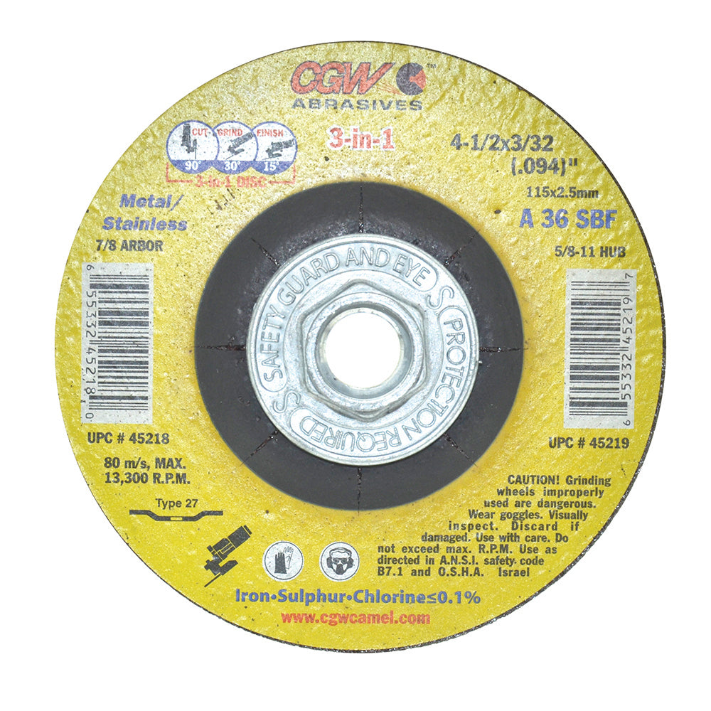 4-1/2 Inch x 3/32 Inch x 5/8-11 36 Grit Aluminum Oxide Type 27 3-In-1 Cut/Grind/Finish Wheel