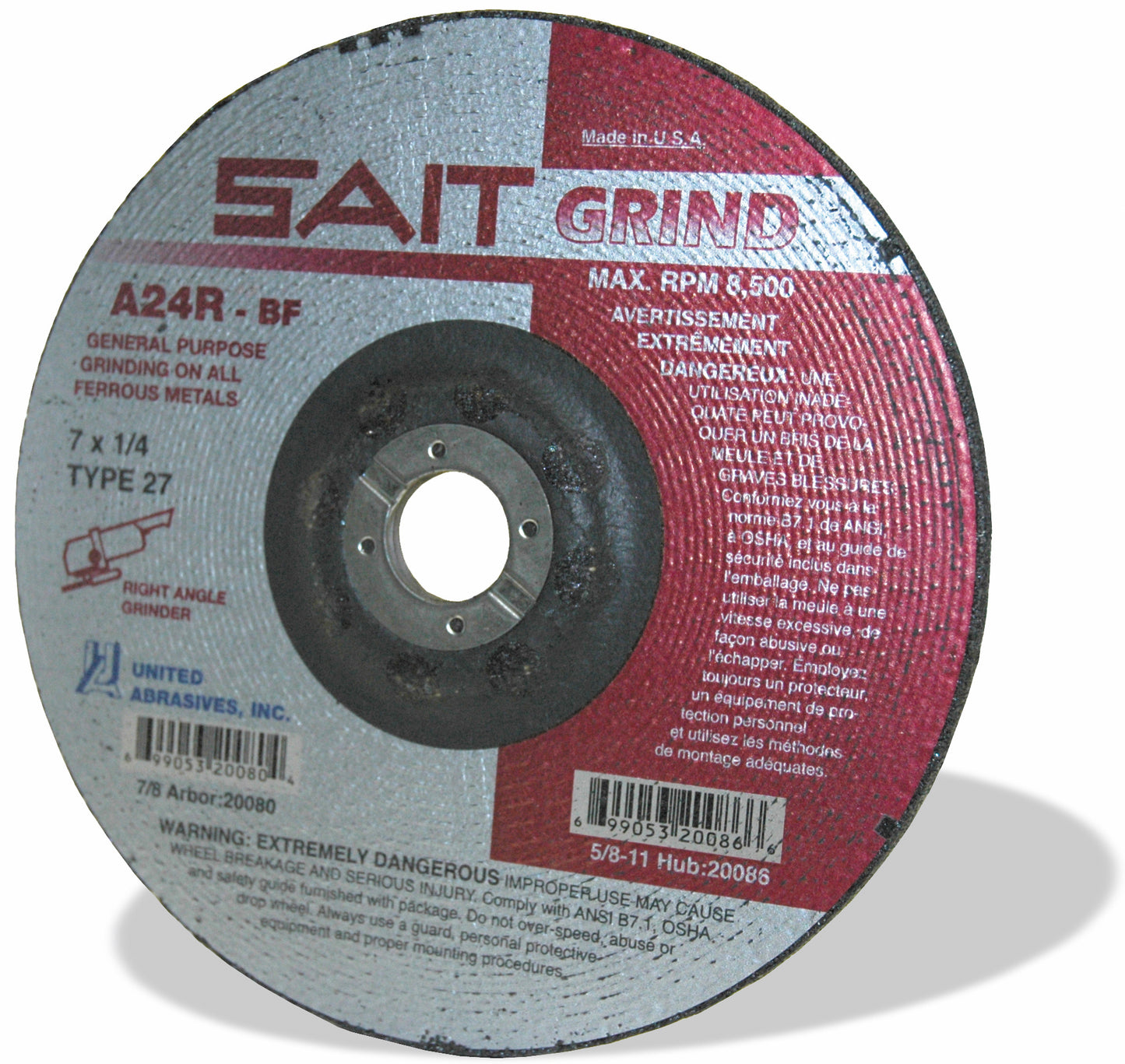 7 Inch X 1/4 Inch X 7/8 Inch A24R Grit Aluminum Oxide Large Grinding Wheel