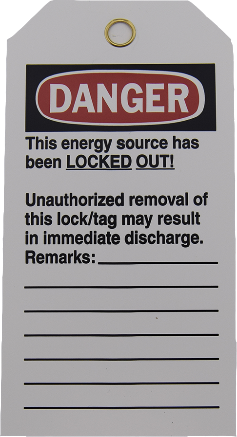 Two-sided tag, warnings & graphics Both sides, lines for additional, 3/8" eyelet accepts most locks 3" W x 5-3/4" H