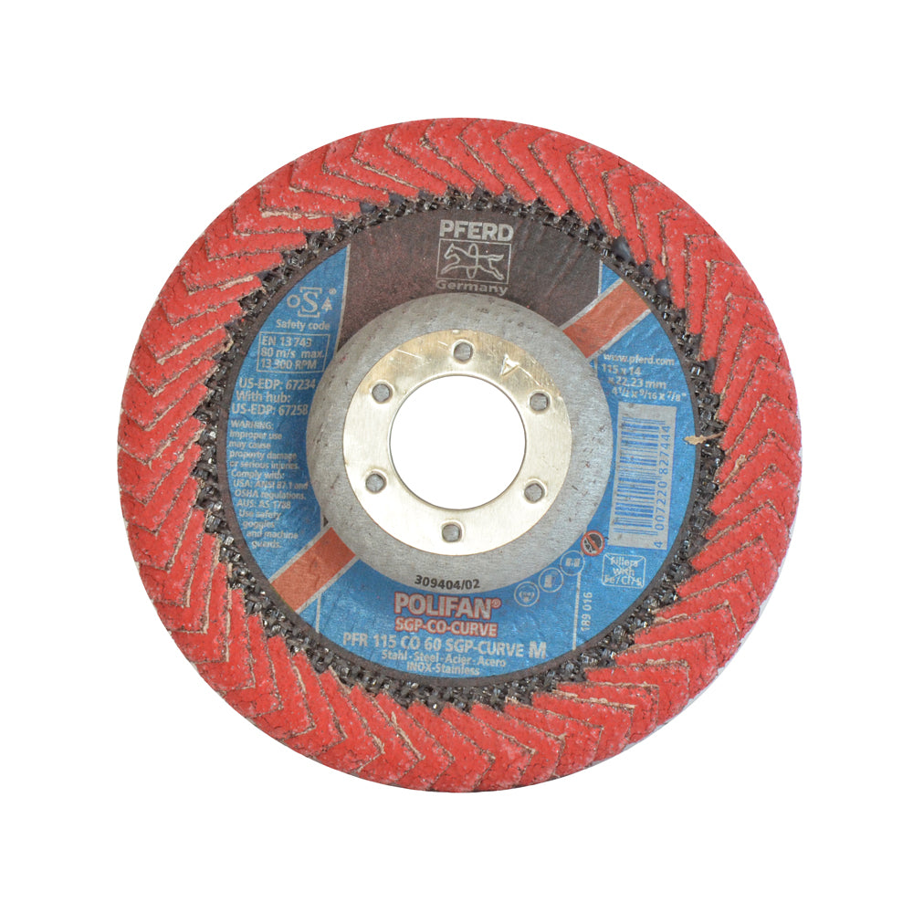 4-1/2 Inch X 7/8 Inch X 9/16 Inch 60 Grit Ceramic Oxide Type 29 Radial Polifan Sgp Co-Curve Abrasive Flap Disc