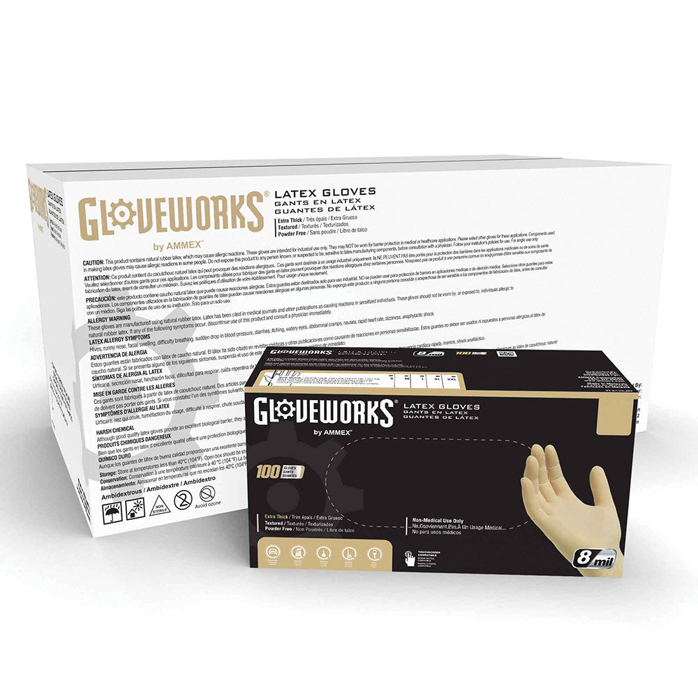 Ammex Gloveworks Ivory Latex Powder Free Industrial Gloves ILHD Box of 100, 8 mil