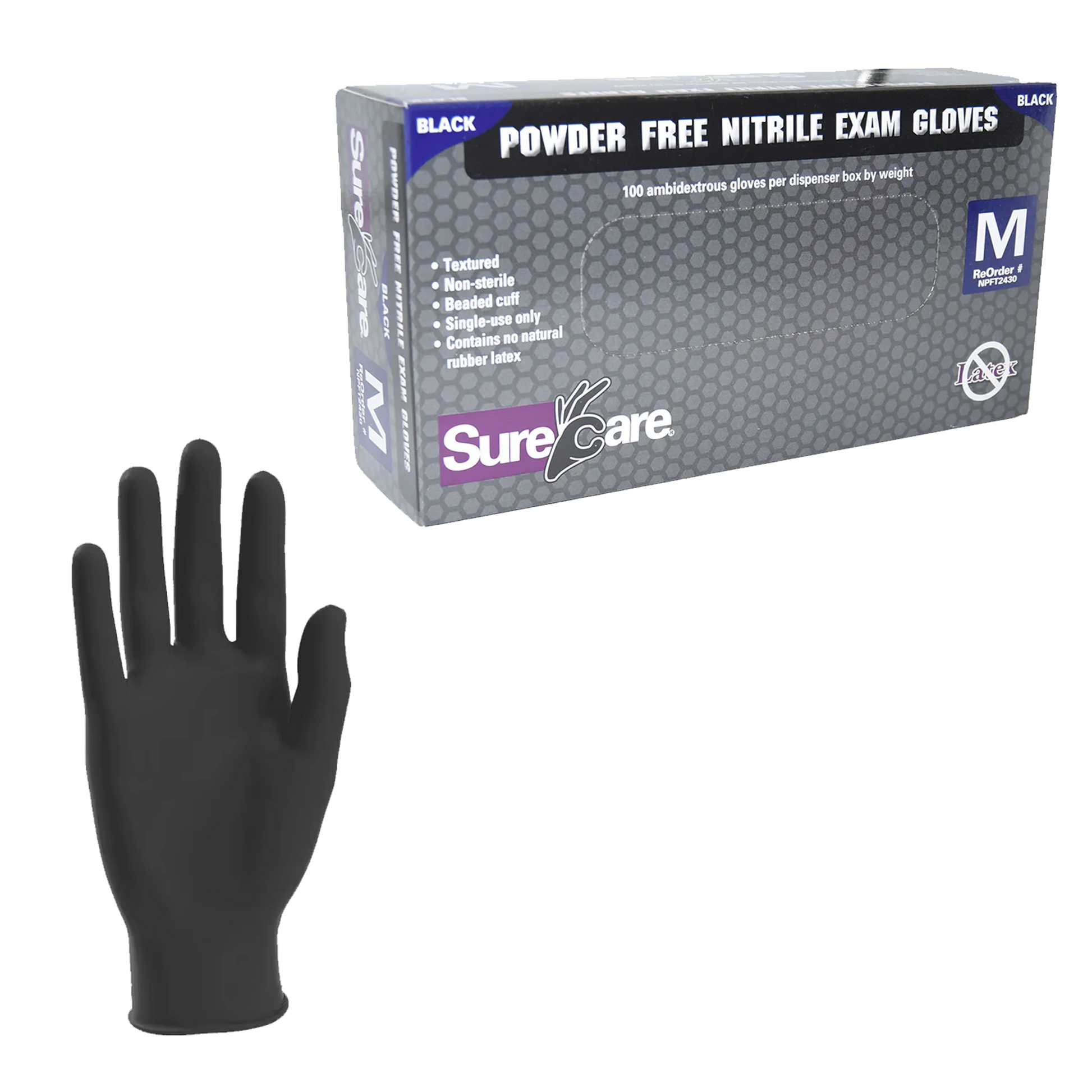 SURECARE 5 MIL NITRILE MED BLACK DISPOSABLE GLOVES (100 COUNT BULK DISCOUNT PRICE) - CLEARANCE