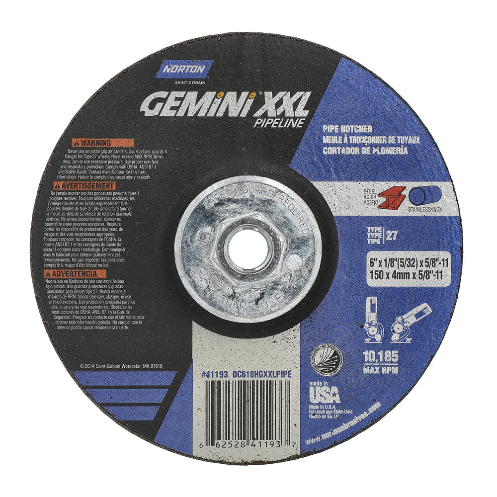 T-27 4-1/2" x 1/8" x 5/8"-11 Gemini XXL Pipefitter Type 27 Grinding And Cutting Wheel