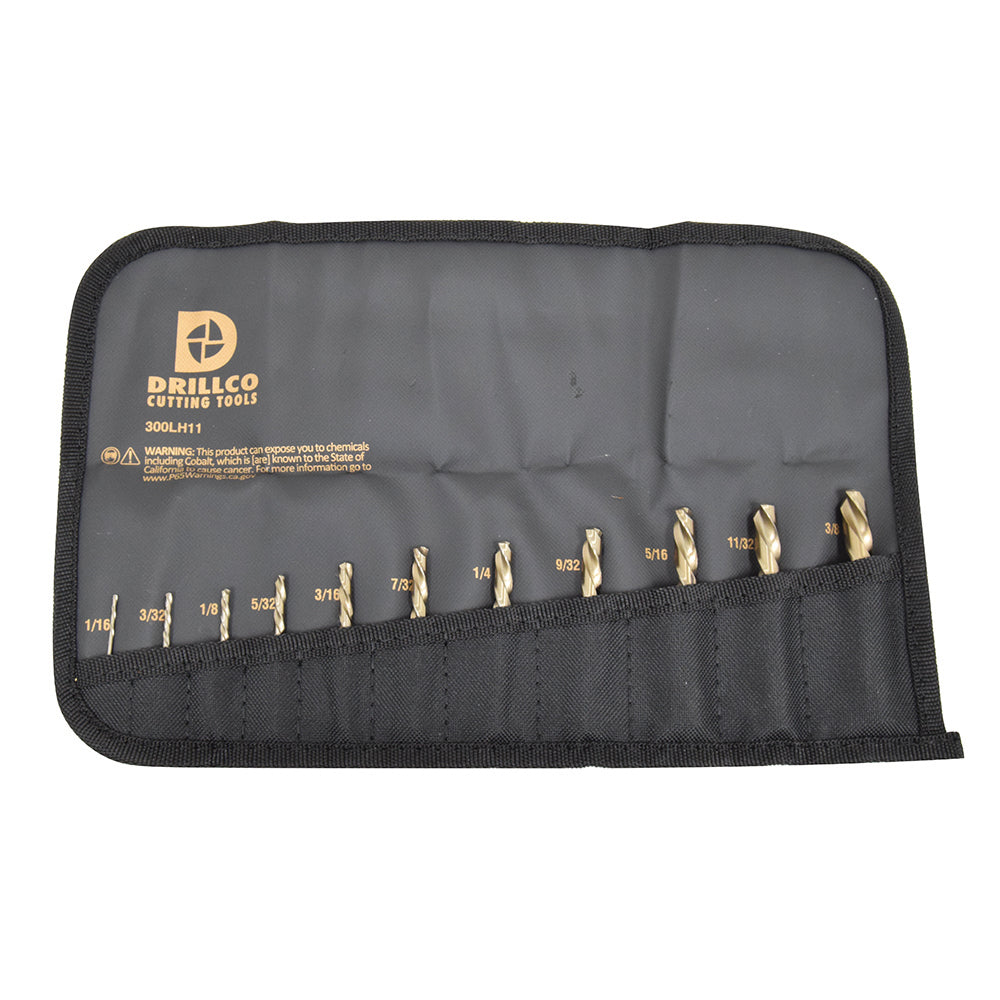 11 Piece Cobalt Left Hand Drill Set with Rollup Pouch