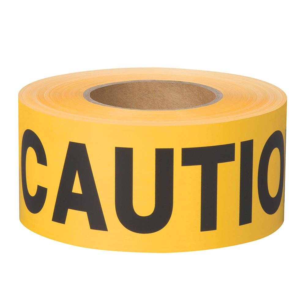 Non-adhesive barricade tape- available with various warning messages. 3 in x 1000 ft- black on yellow polyethylene.