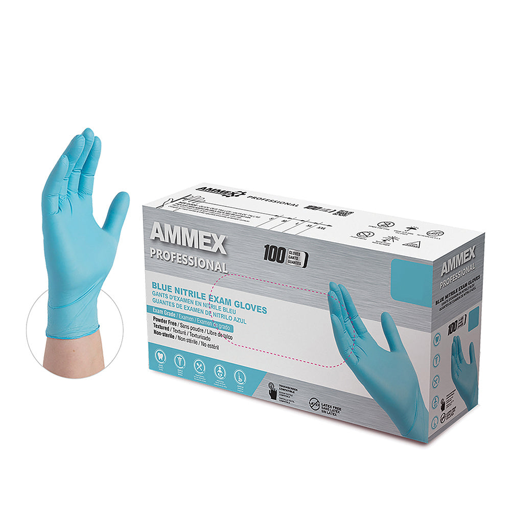 Ammex Professional Blue Nitrile Powder Free Exam Medium Gloves