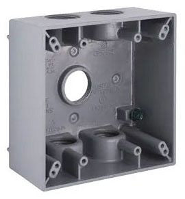 2-Gang Weatherproof Box, Five 3/4 In. Threaded Outlets, Gray