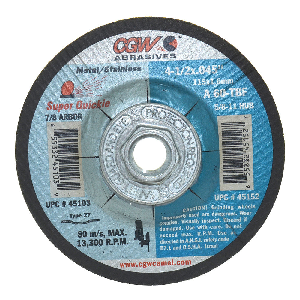 4-1/2 Inch X 0.045 Inch X 5/8-11 Inch A60-T-Bf Super Quickie Cut™ Reinforced Cut-Off Wheel Type 27