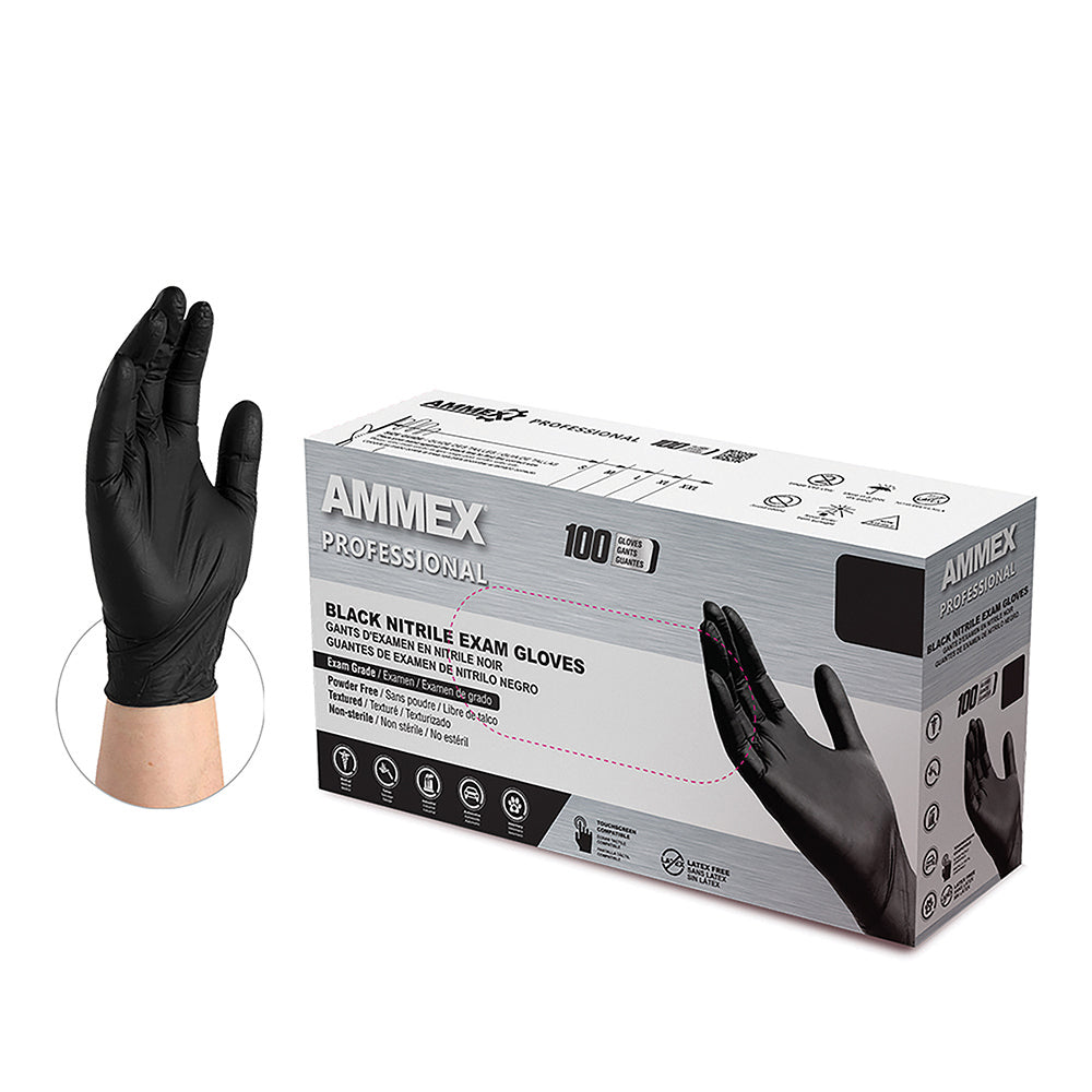 Ammex Black Powder-Free Nitrile Exam Gloves Box of 100, 4 mil