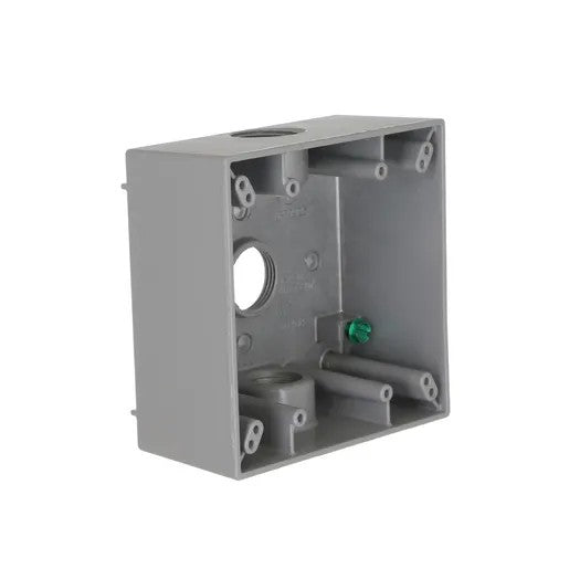 2-Gang Weatherproof Box, Three 3/4 In. Threaded Outlets, Gray