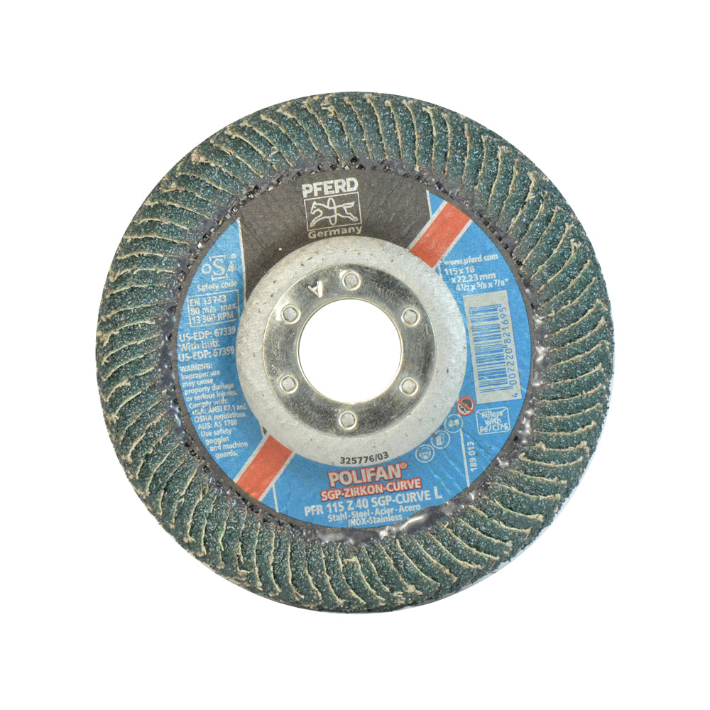 4-1/2 Inch x 7/8 Inch x 5/8 Inch 40 Grit Zirconia Alumina Type 29 Radial Polifan Sgp Zirkon-Curve Abrasive Flap Disc