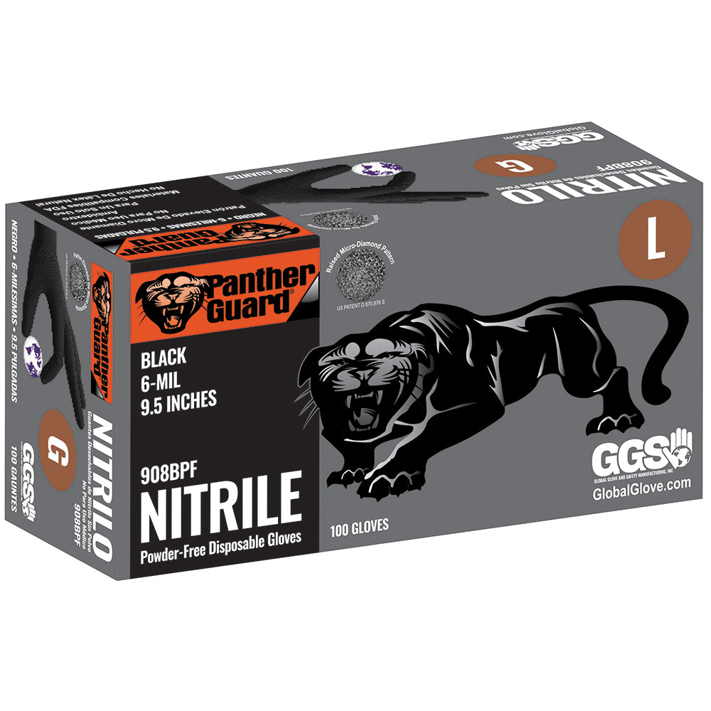 Global Glove Panther-Guard Nitrile Powder-Free Industrial Micro-Diamond Black 6-Mil Disposable Gloves Medium