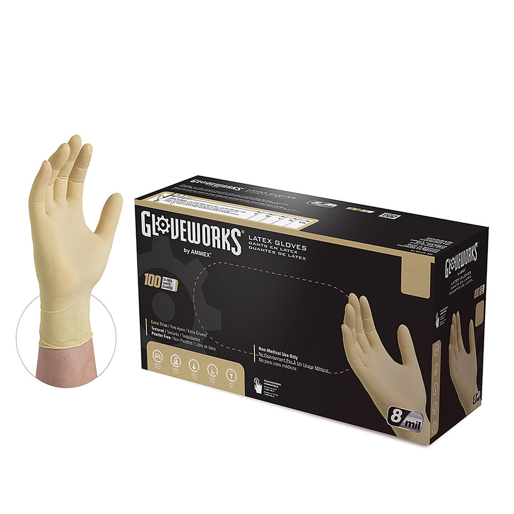 Ammex Gloveworks Ivory Latex Powder Free Industrial Gloves ILHD Box of 100, 8 mil