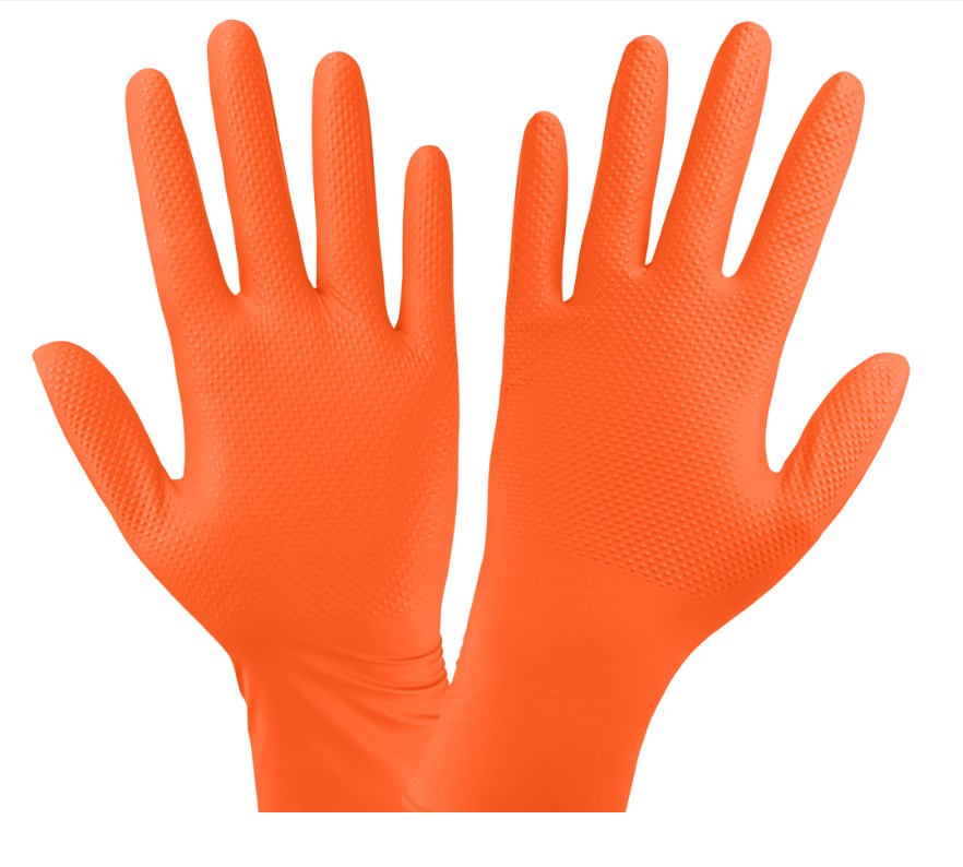 Panther-Guard� High-Visibility Orange Nitrile, Powder-Free, Industrial-Grade, Raised Diamond Pattern, 8-Mil- 9.5-Inch Disposable Gloves - X-Large