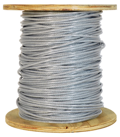 1/16 Inch X 3/32 Inch X 250 Ft 7X7 Strands 920 Lb Clear Vinyl Coated High Carbon Steel Galvanized Aircraft Cable