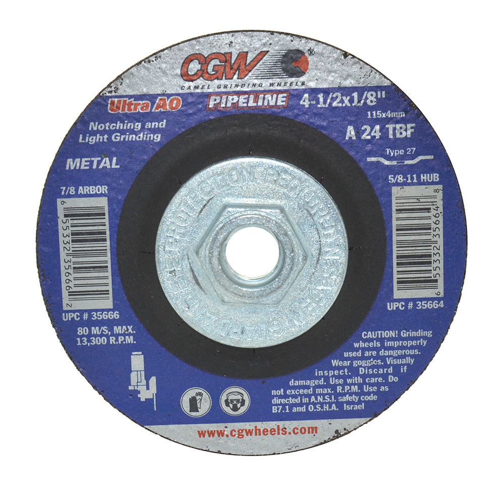 4-1/2 Inch x 1/8 Inch x 5/8-11 Inch A24-T-BF CGW Type 27 Pipeline Steel Discs