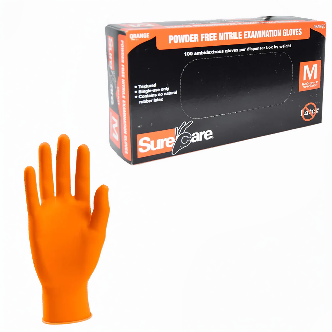 SURECARE 6MIL NITRILE ORANGE DISPOSABLE GLOVES (100 COUNT BULK DISCOUNT PRICE) - CLEARANCE
