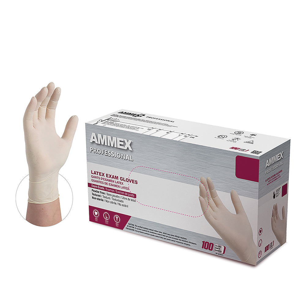 Ammex Medium 5 Mil Ivory Textured Latex Powder Free Gloveplus Premium Exam Glove - 100 Per Box