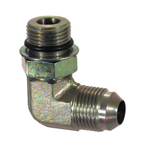 3/8 Inch x 3/8 Inch Zinc Plated Yellow Dichromate Carbon Steel Male Boss O-Ring 90 Degree Elbow To Male JIC 37 Degree Male Boss O-Ring Adapter