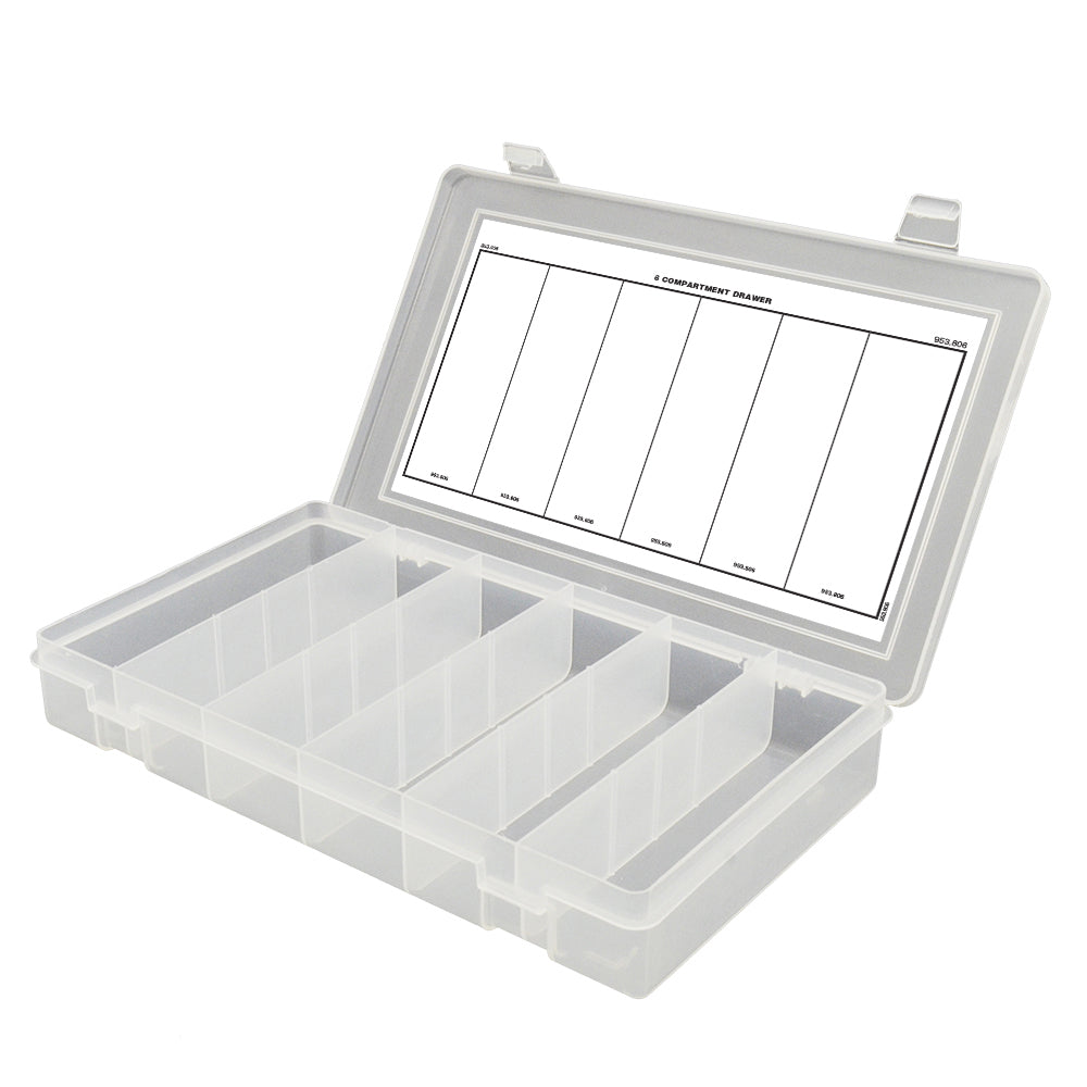 6 Compartment 11 Inch X 1-3/4 Inch X 6-3/4 Inch Clear Polypropylene Box