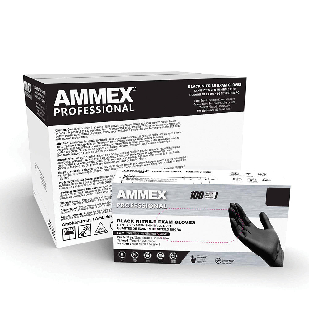 Ammex Black Powder-Free Nitrile Exam Gloves Box of 100, 4 mil
