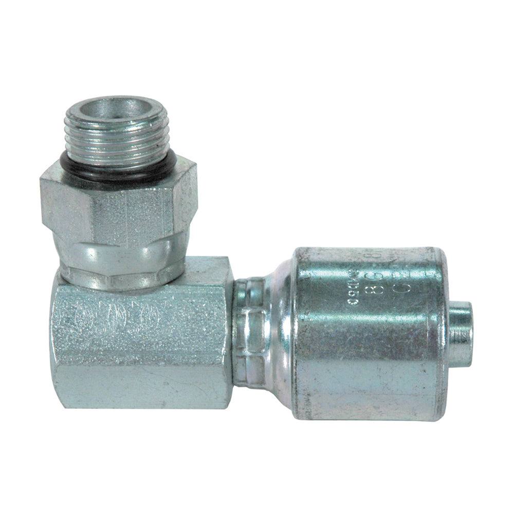 1/4 Inch X 3/8 Inch Male O-Ring Boss Swivel - 90 Degree Bent Tube Tuffcoat Lead Free Megacrimp Coupling
