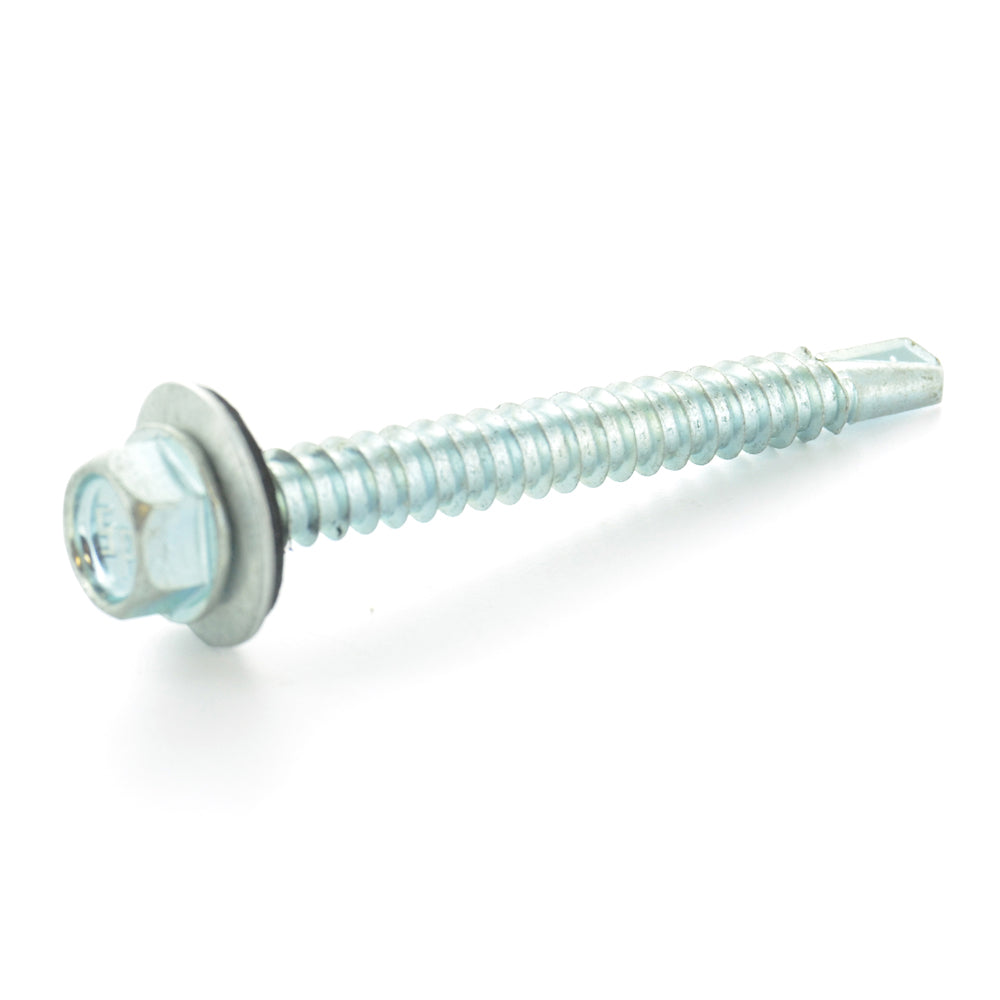 #14-14 x 1-1/2 Inch Zinc Plated Steel #3 Point Indented Hex Washer Head Self-Drilling Tek Screw With Bonded Neoprene Washer