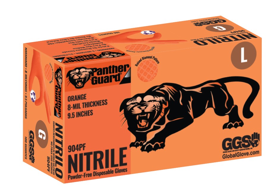 Panther-Guard� High-Visibility Orange Nitrile, Powder-Free, Industrial-Grade, Raised Diamond Pattern, 8-Mil- 9.5-Inch Disposable Gloves - Medium