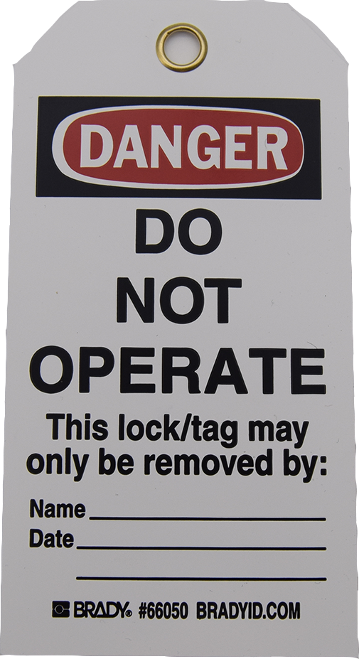 Two-sided tag, warnings & graphics Both sides, lines for additional, 3/8" eyelet accepts most locks 3" W x 5-3/4" H