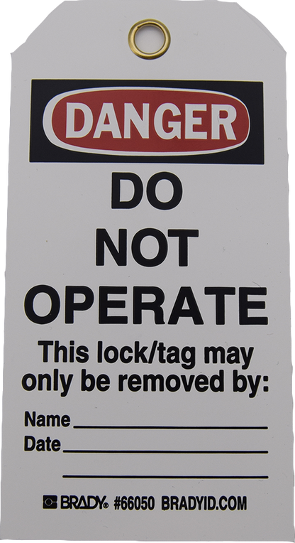 Two-sided tag, warnings & graphics Both sides, lines for additional, 3/8" eyelet accepts most locks 3" W x 5-3/4" H