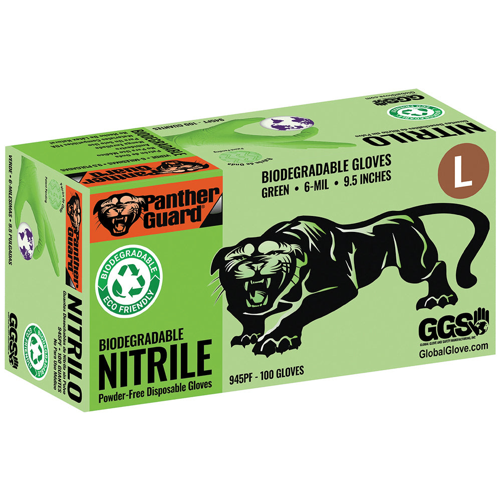 Global Glove Panther-Guard Bio-D Nitrile Powder-Free Industrial Green 6-Mil Wave Texture Disposable Gloves Small