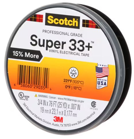 3/4 Inch x 66 ft 3M Scotch Super 33+� Electrical Tape Black Pvc