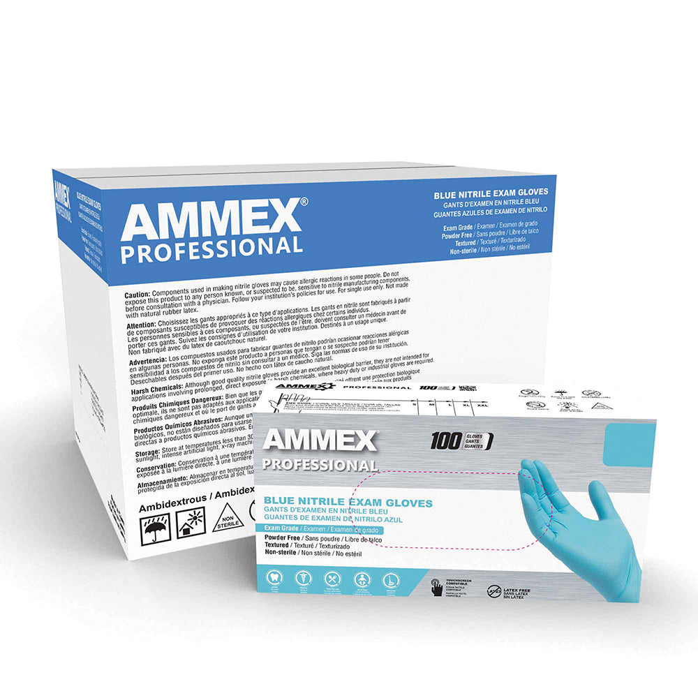 Ammex Professional Blue Nitrile Powder Free Exam Medium Gloves