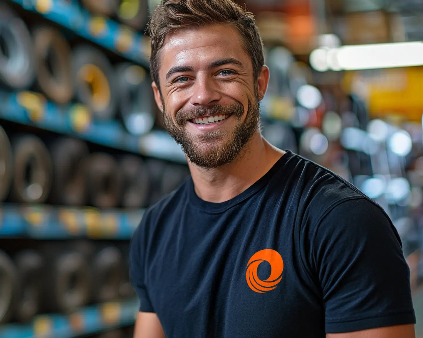 Man wearing a black t-shirt with an orange logo in a warehouse setting